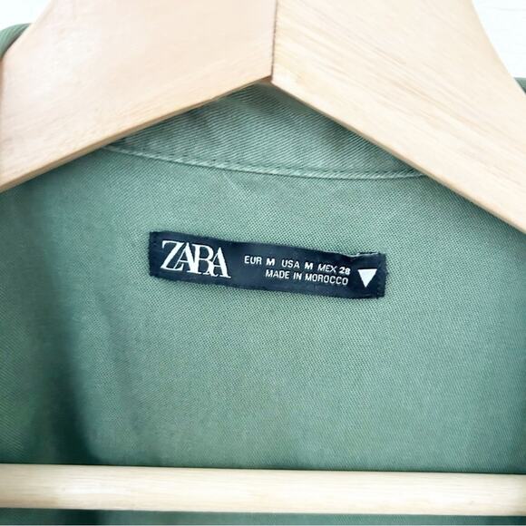 Zara Olive Green Notched Collar Short Sleeve Wrap Around Shirt Dress Size M - Picture 2 of 5